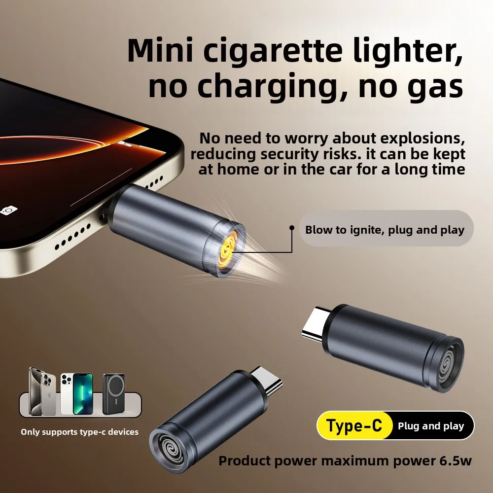 Type C Cigarette Lighter USB C Adapter Blow Ignite Auto Shut Off Portable For Outdoor Air Travel Safety No Flame Lighter