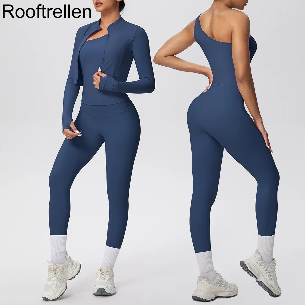 

Yoga Three Piece Set Solid Color Yoga Zipper Long Sleeves Coat Gym Sets Womens Outfits Sexy Single Shoulder Bra Fitness Pants