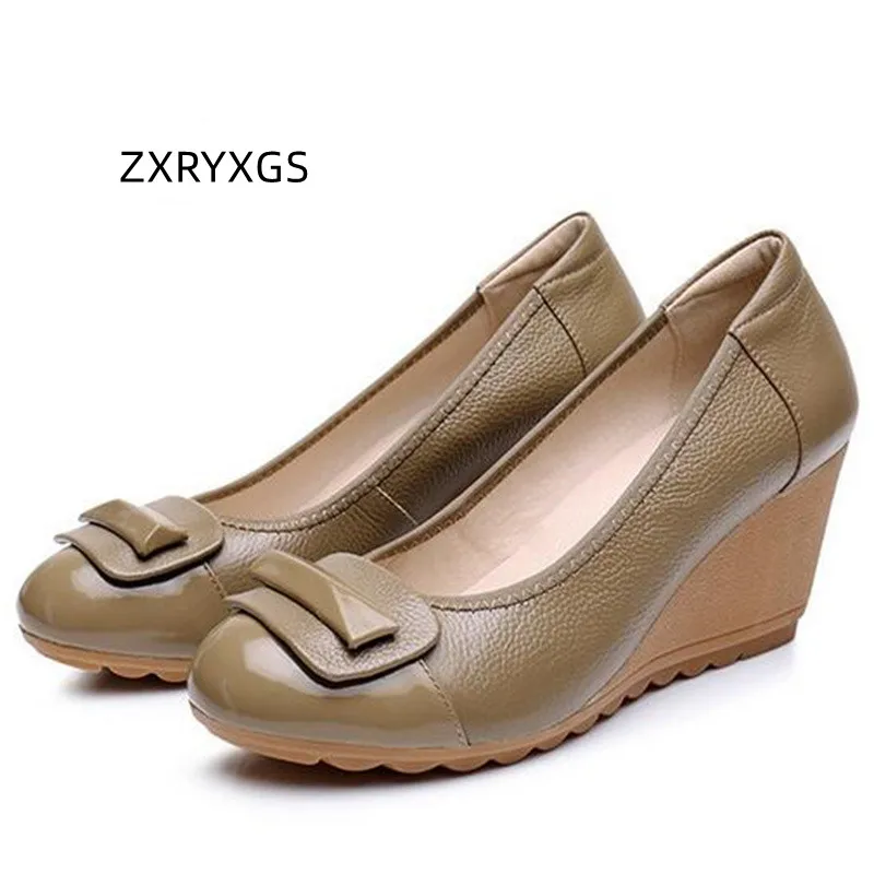 ZXRYXGS 2024 Spring Autumn New Fashion Round Toe Bow Women Genuine Leather Shoes Wedges Non-slip Comfortable Elegant High Heels