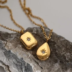 Elegant Vintage Necklace Waterdrop Square Octagonal Star Rhinestons Pendant Stainless Steel Necklace for Women Fashion Jewelry