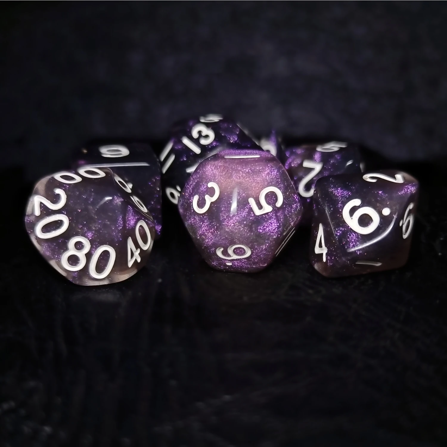 

7Pcs/Set Purple Transparent Starry Sky Galaxy Dice Set D4 D6 D8 D10 D% D12 D20 D&D COC Table Games DND RPG Dice