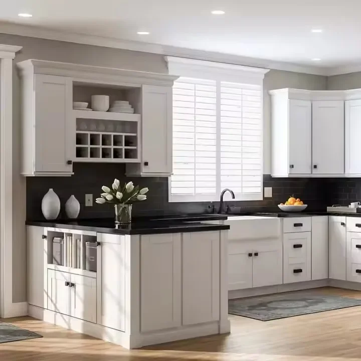 %j&Custom White Glossy Kitchen Cabinet Set Complete Modular Design with Appliance Garages by Dura Supreme