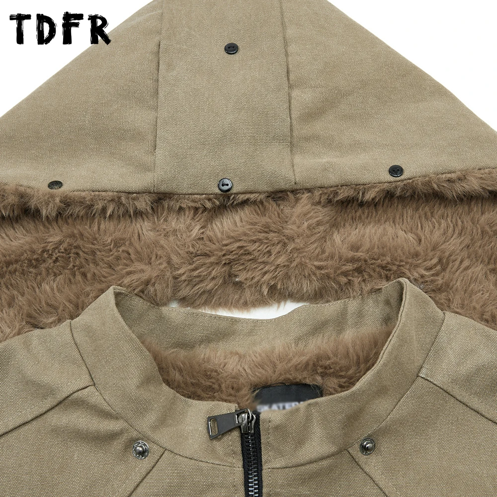 Solid Color Spliced Hooded Cargo Padded Jacket Mens Winter Casual Retro Loose Long Sleeve Removable Hat Thick Outerwear Man