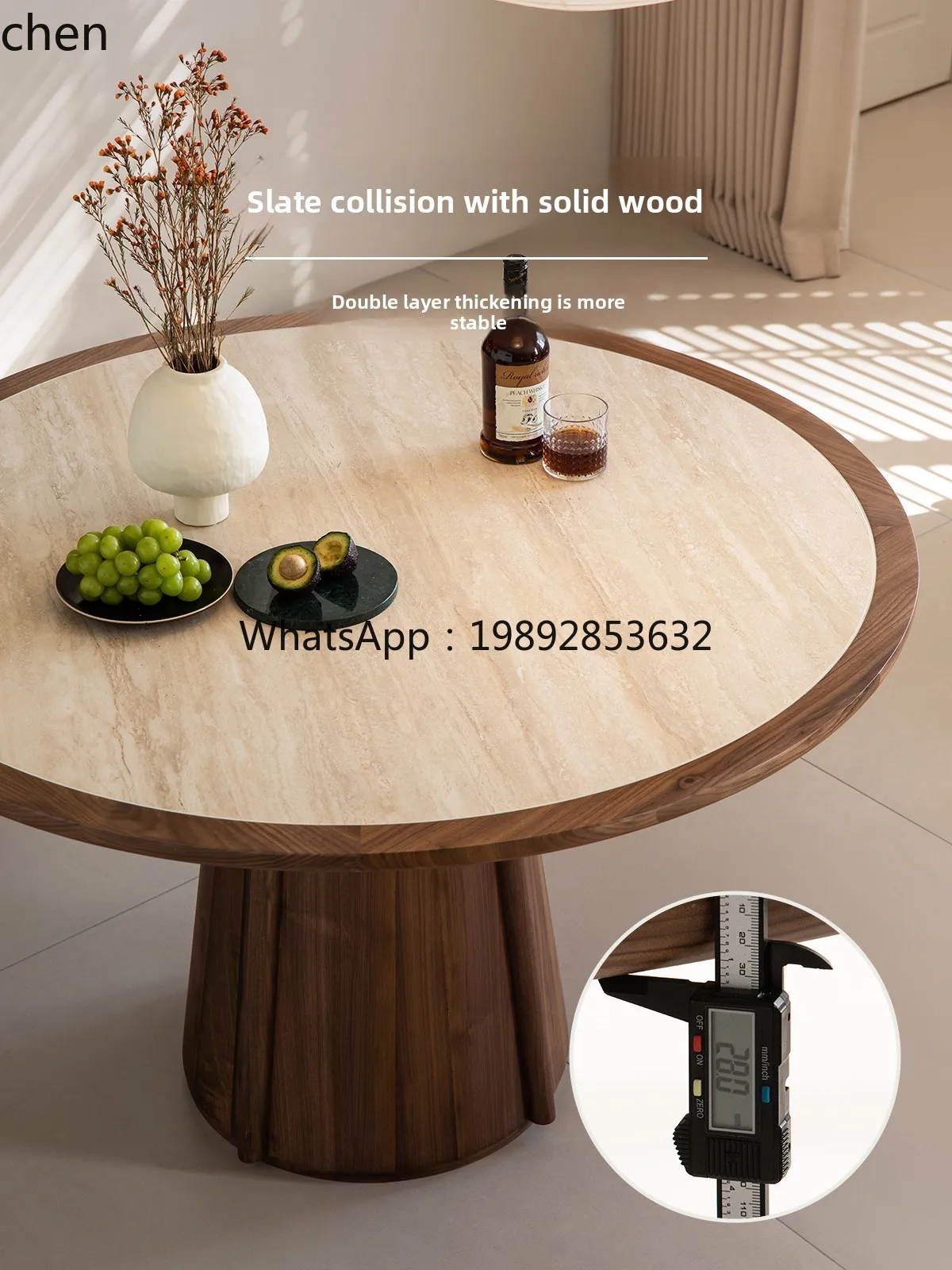

Furniture Travertine Slate Round Dining Table Black Walnut Household Small Unit Dining Table Round Table