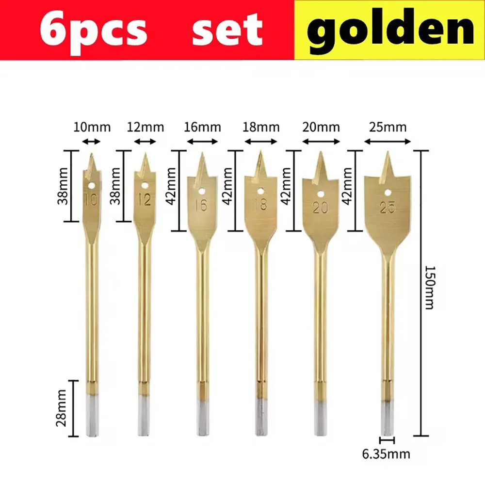 Blade drill set, flat blade drills, hole cutter, titanium coating, carbon steel carpentry tool, 10/12/16/18/20/25mm, 6 pcs.