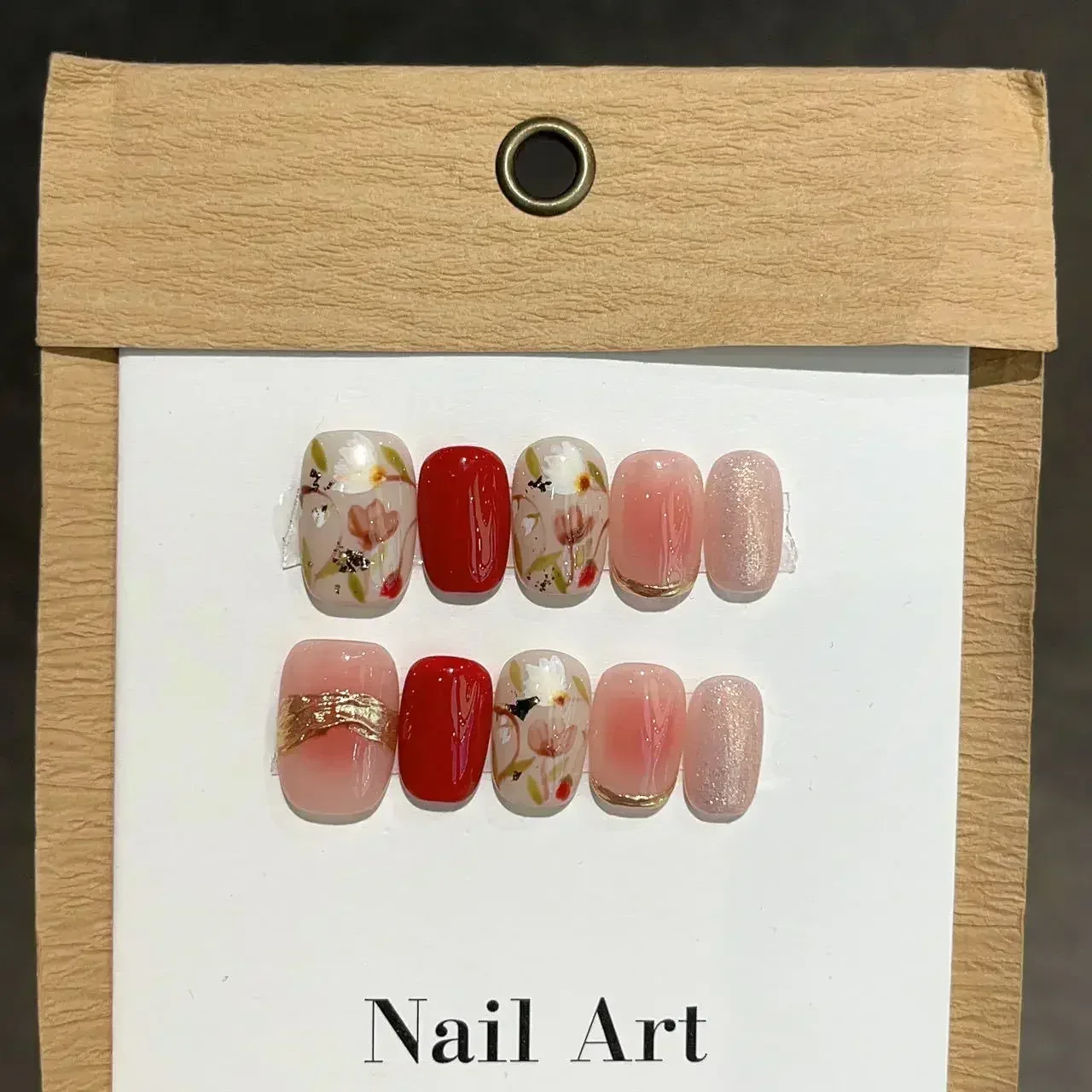 Uñas postizas para manicura, 10 piezas, brillantes, hechas a mano, bailarina corta, cubierta completa, diseño de ojo de gato y rosa