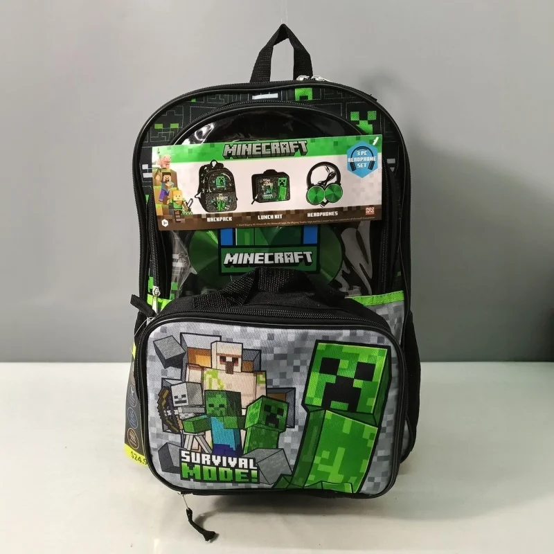 Mochila Minecraft, Juego de 3 Piezas con Lonchera, Audífonos, Estampado de Creeper Pixel, Resistente al Agua, Ajustable, para la Escuela, Viajes Diarios