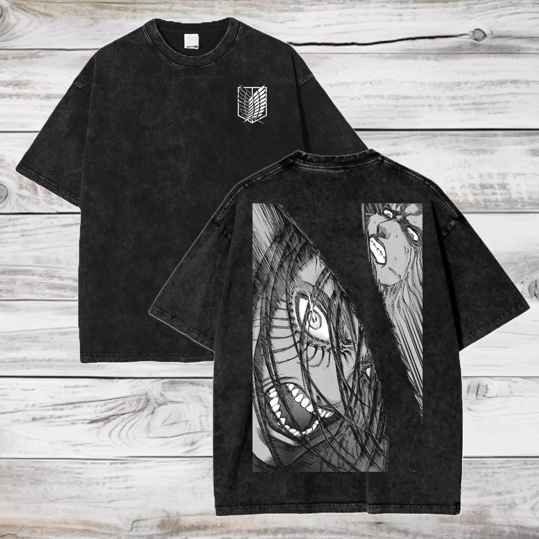 

Gothic Black White Comic Style T-shirt Washed Retro Vintage Style Short Sleeved Reconnaissance Team Distressed Anime Pattern Top