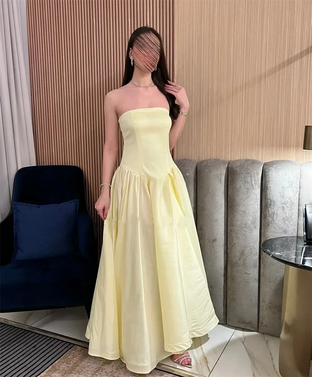 

Yellow Strapless Long Bespoke Occasion Gown Evening Dresses Prom Pastrol Unisex Jersey Retro Dubai Saudi Arabic Customized