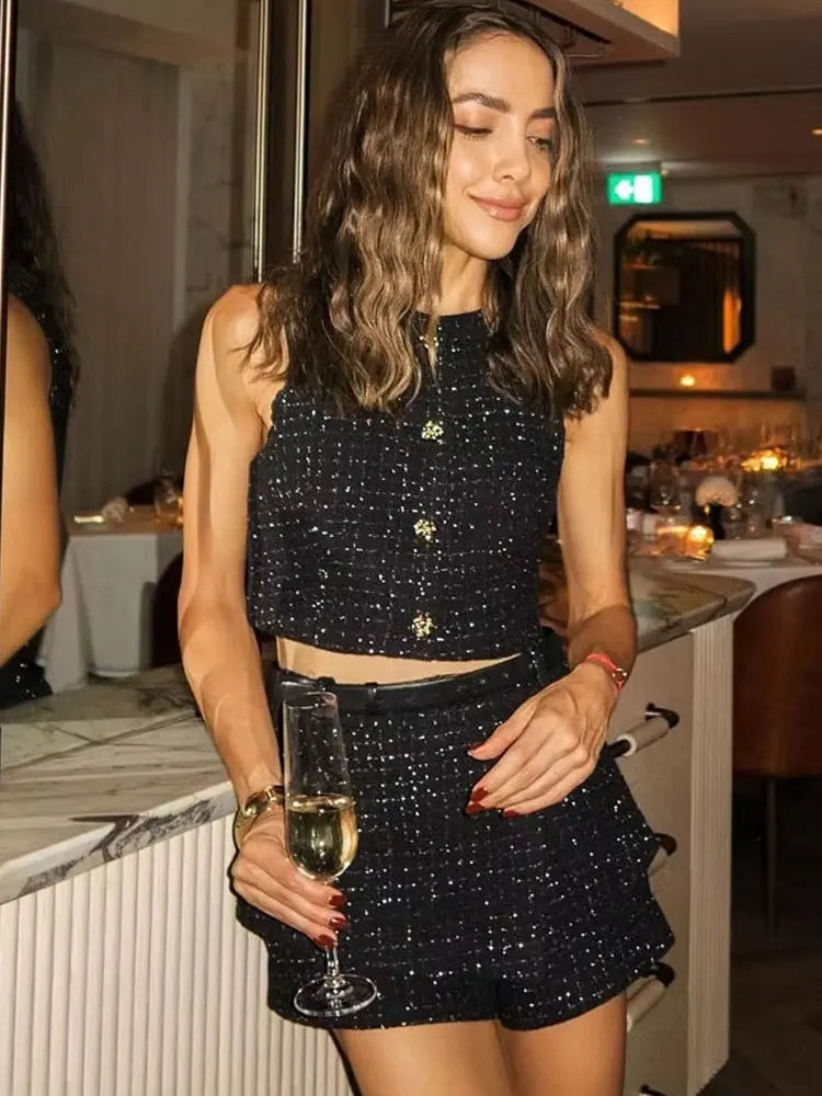 HH Female Set Black O-Neck Sleeveless Button Single Breasted Waistcoat+High Waist Belt Shorts Summer Suit Woman 2024 Trendy