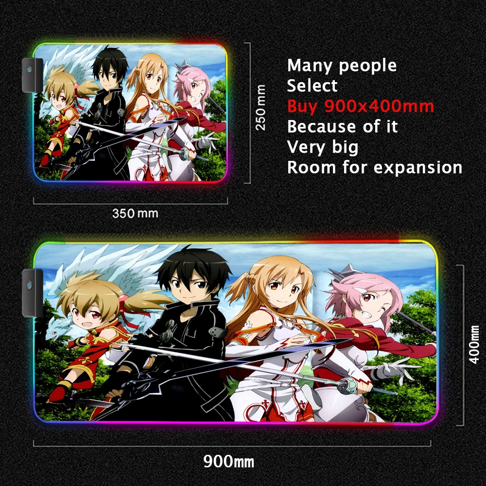 Asuna Yuuki RGB แผ่นรองเมาส์ XXL backlit MAT สำหรับโต๊ะคอมพิวเตอร์ Kirito mauspad วางช้อปปิ้งอะนิเมะปกโต๊ะอุปกรณ์เล่นเกม