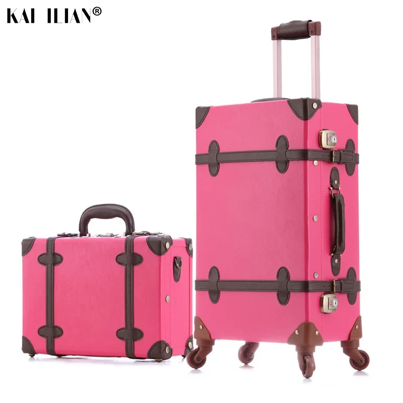 

Women travel suitcase set cosmetic bag Retro spinner wheel rolling luggage fashion girls trolley suitcase fashion PU leather bag