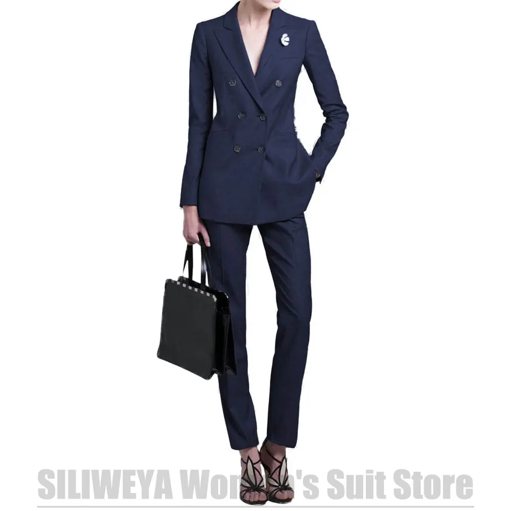 Fasion terno feminino blazer duplo breasted e calças finas conjunto elegante formal terno de escritório elegante duas peças roupa casual diária