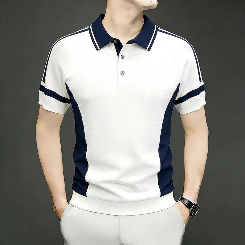 Contrast Color Elastic Men's Polo Shirts Short Sleeve Knitwear Summer Quality Soft Comfortable Viscose Polyamide Polos De Hombre