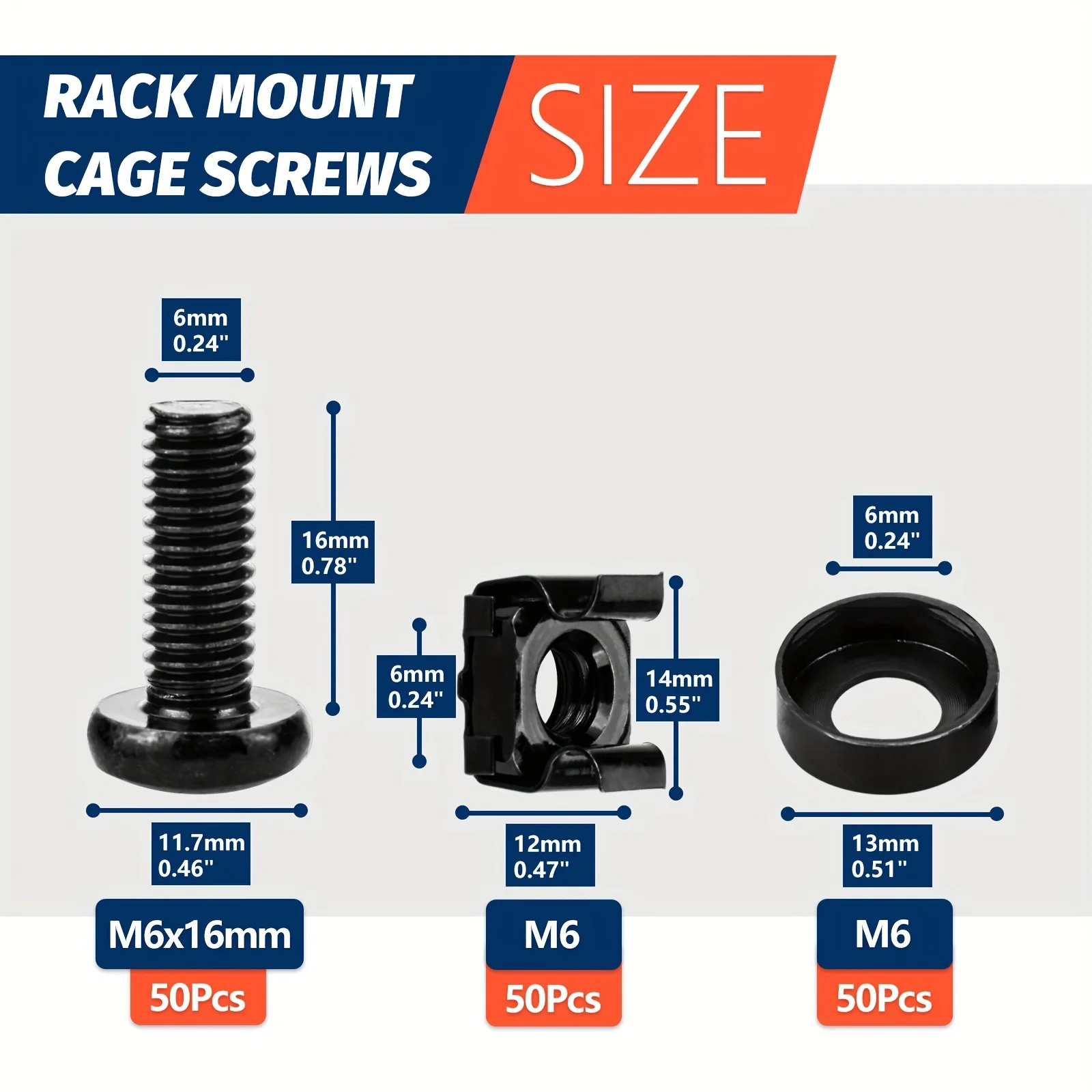 50 PACK M6 x 16mm Rack Mount Cage Nuts, Screws and Washers for Rack Mount Server Cabinet, Rack Mount Server Shelves, Routers