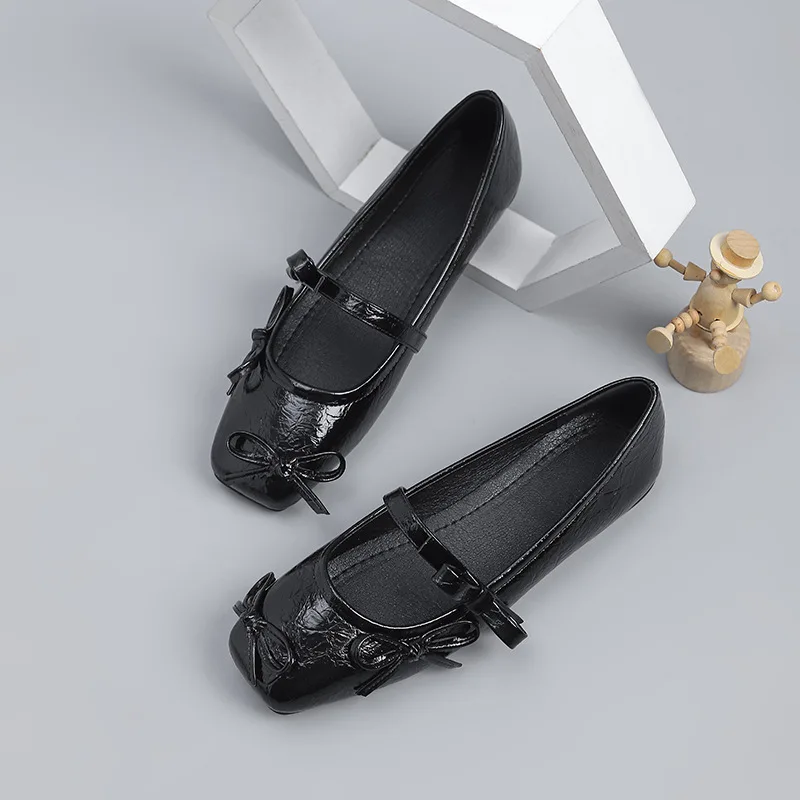 2025年春と秋の新作、レトロなボウ付き多用途バレエスクエアトゥフラットシューズ、浅履きカジュアルメリージェーンレディースシューズ