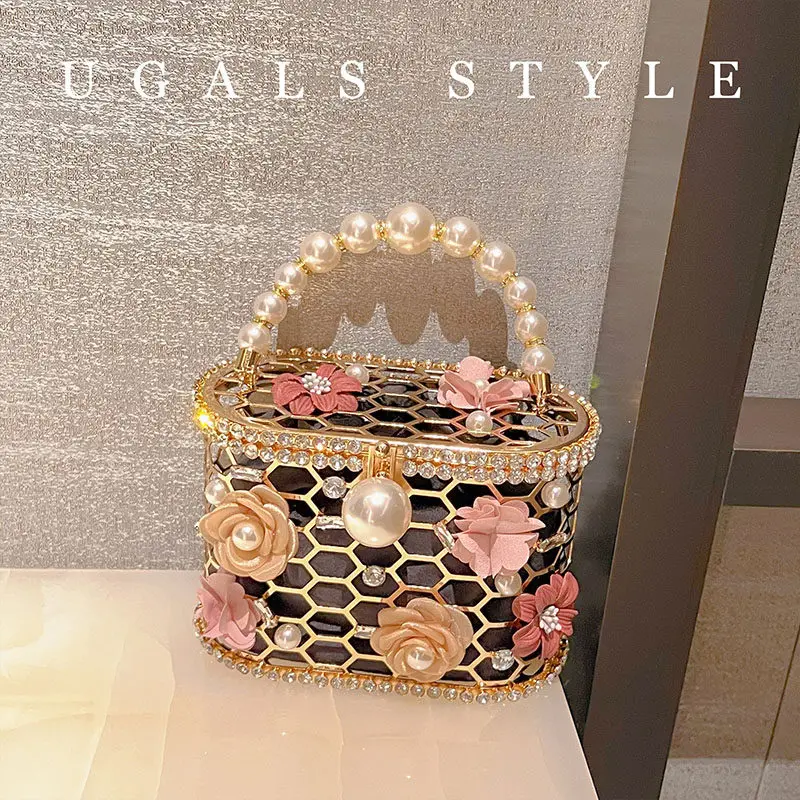 French Vintage Metal Diamond Flower Pearl Vegetable Basket Bag Dinner Diamond Bucket Messenger Bag