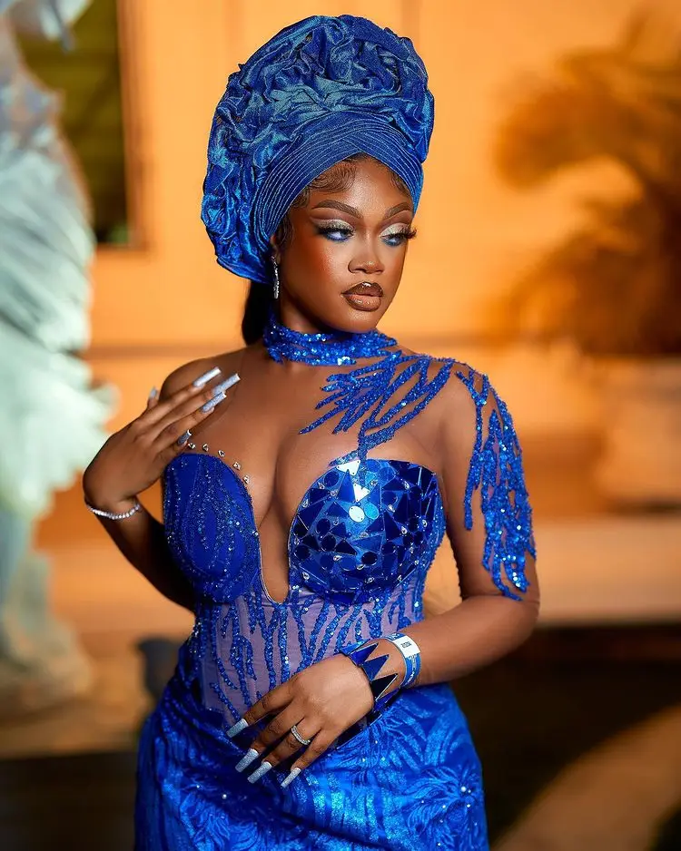 Graceful Royal Blue Aso Ebi Style Evening Dresses Plus Size African Women Asoebi Lace Dress Custom Made Beaded Mermaid Prom Gown