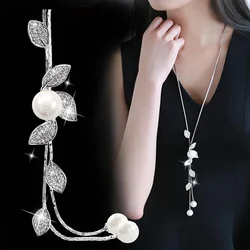 Fashion Elegant Rhinestone Leaf Pearl Tassel Long Necklace for Women Accessories Decoration Sweater Chain Jewelry