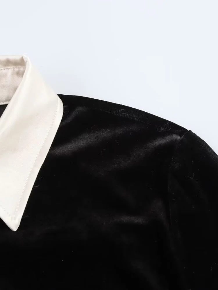 Estilo europeo nueva moda mujer todo fósforo temperamento terciopelo empalme abierto camisa de plumas de ganso pantalones
