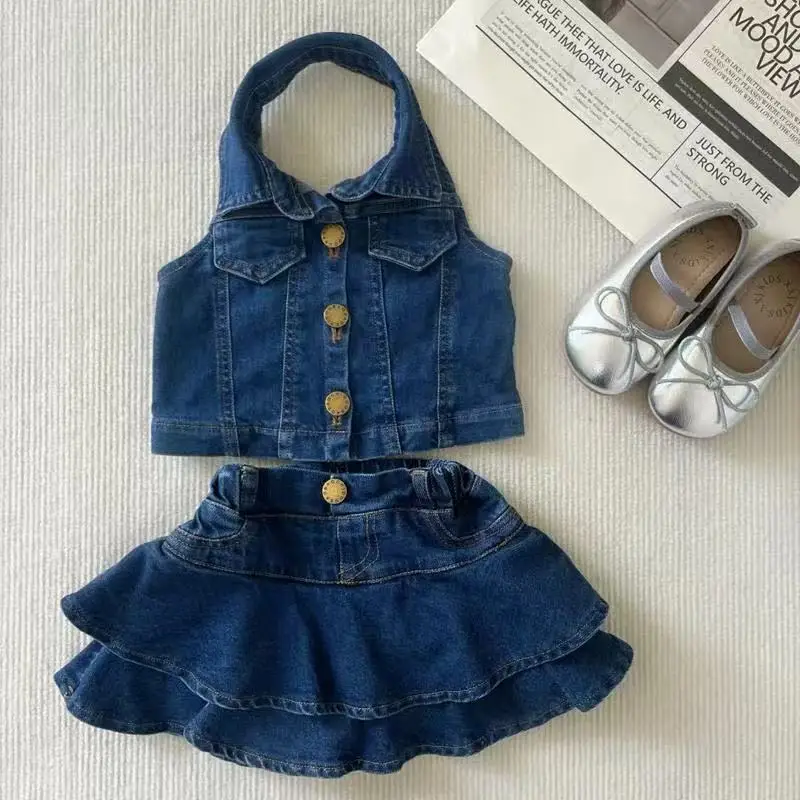 

Girls Suit T-shirt Top+denim Skirt Ruffled Skirt 2-piece Set for Outdoor Wear Denim Suit For Girls
