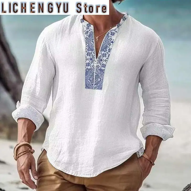 New Cotton Linen Printed Casual Wrist Strap Pocket Shirt Fashion Casual Long Sleeve Office Pullover Tops Autumn Men Streetwear