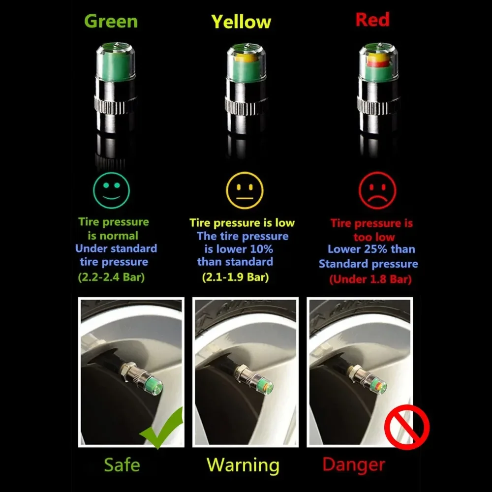 4pcs Car Tire Pressure Indicator Tire Pressure Gauge Indicator Alert Monitoring Valve Cap Sensor External Valve Detection