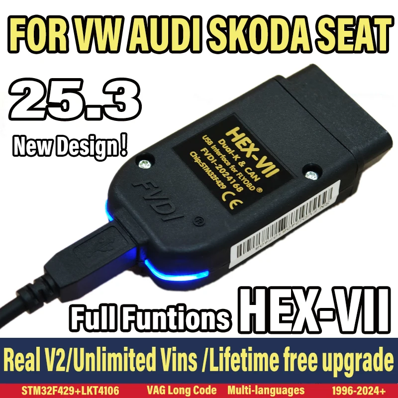 2025 Unlimited Vins VAGCOM Interface VCDS-CAN HEX V2 Update V25.3 FOR VW AUDI Skoda Seat Multi-Language Car Diagnostics Tool