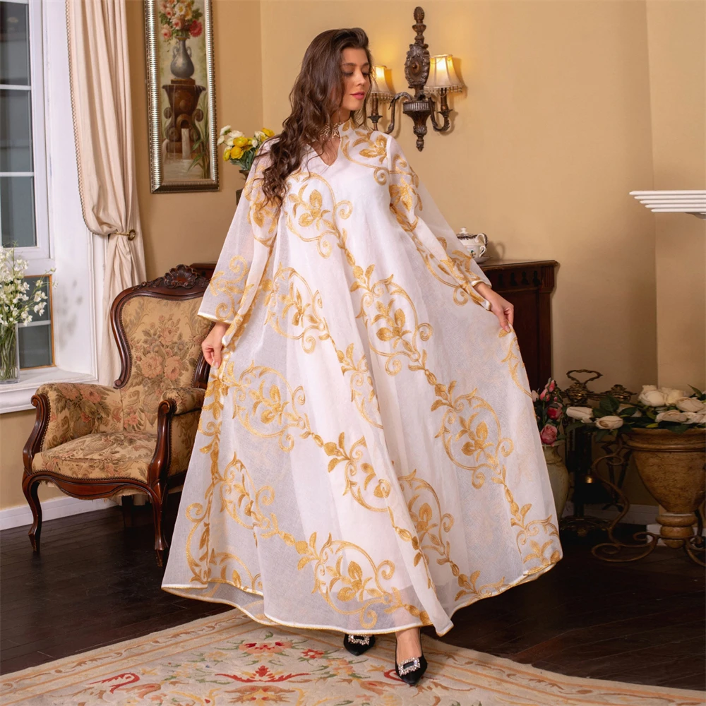 

Arab Embroidery Gauze Dress Muslim Dubai Party Dinner Fashion Dresses Ramadan Moroccan Printed Women Elegant Abaya Kaftan