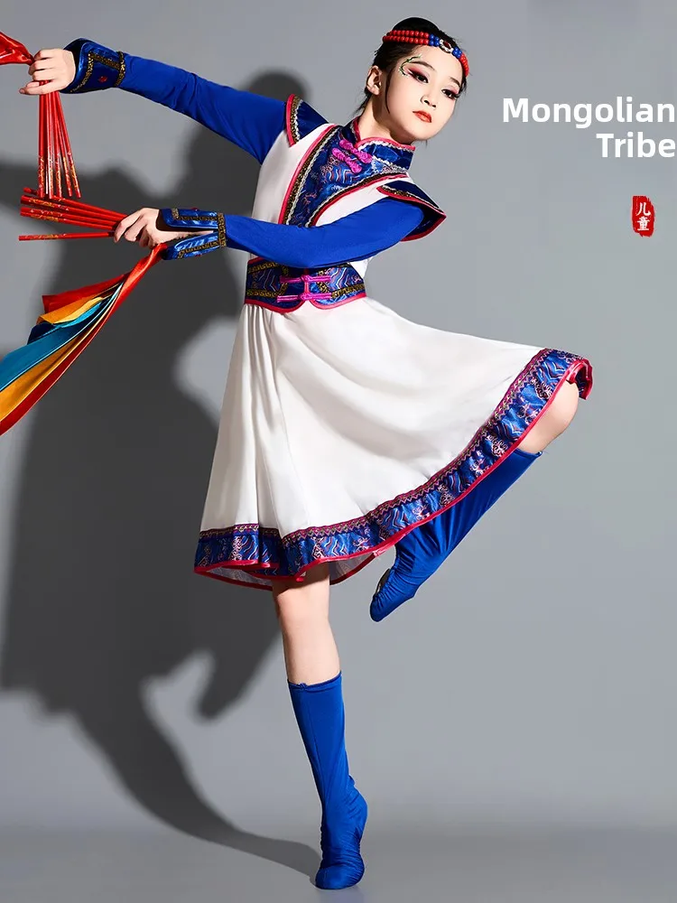 

Новый детский монгольский танцевальный костюм для девочек, этническая национальная роба, белое танцевальное платье