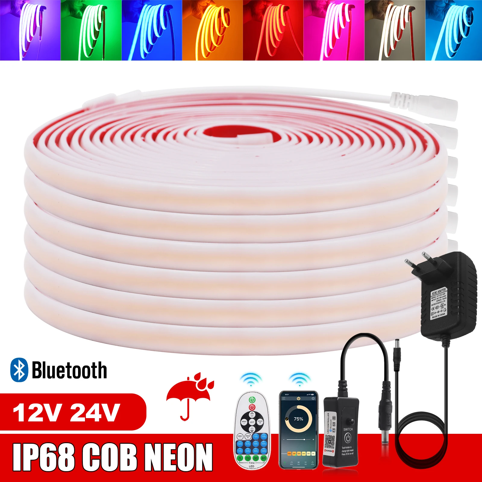 

12V 24V Bluetooth Dimmerable COB Neon Strip IP68 Waterproof White/Ice Blue/Pink/Yellow/Pink/Red Flexible Ribbon Rope LED Light