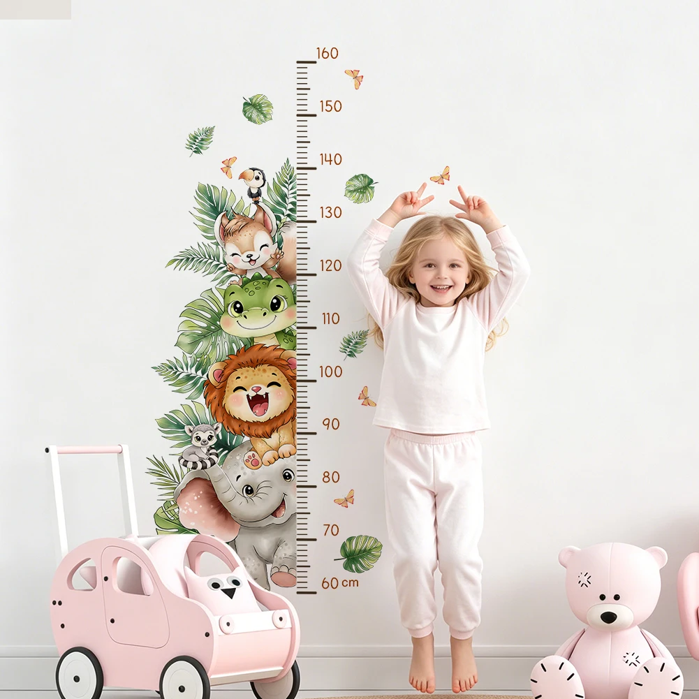 Jungle Animal Growth Chart Wall Sticker Kids Height Measure Ruler Removable Self‑adhesive Nursery Bedroom Wall Art Decal