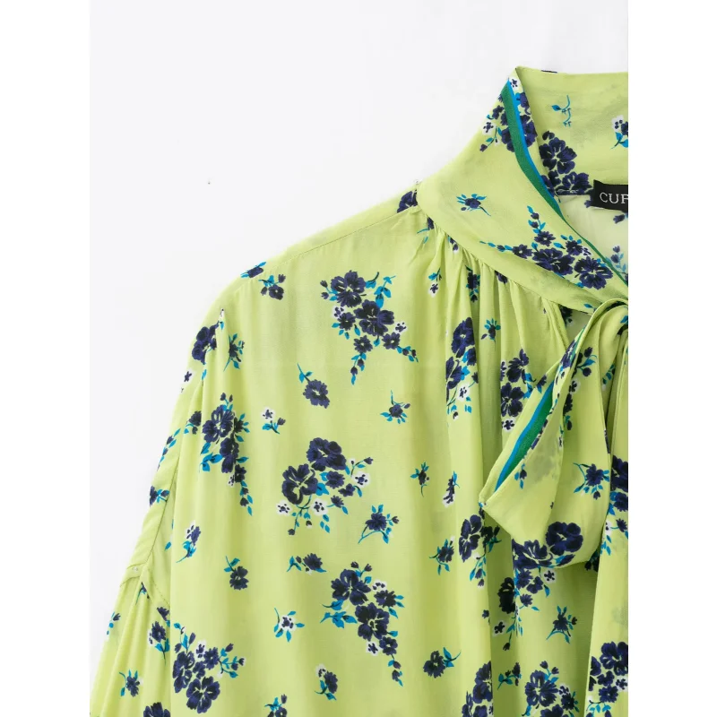 2026 Herbst Neue Damenbluse Vintage Blumendruck Schleifenknoten am Hals Lange Puffärmel Kontrastrand Lose Blusen Alltags- und Büro-Oberteile – Detail 4