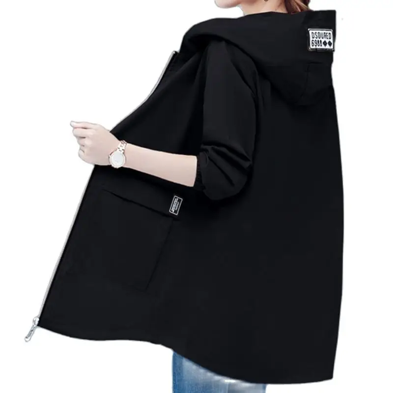 Fashion 6XL 2023 New Women\'s Windbreaker Coat Long Spring Autumn Slim Basic Zipper Jacket With Hooded Female Windbreake Black