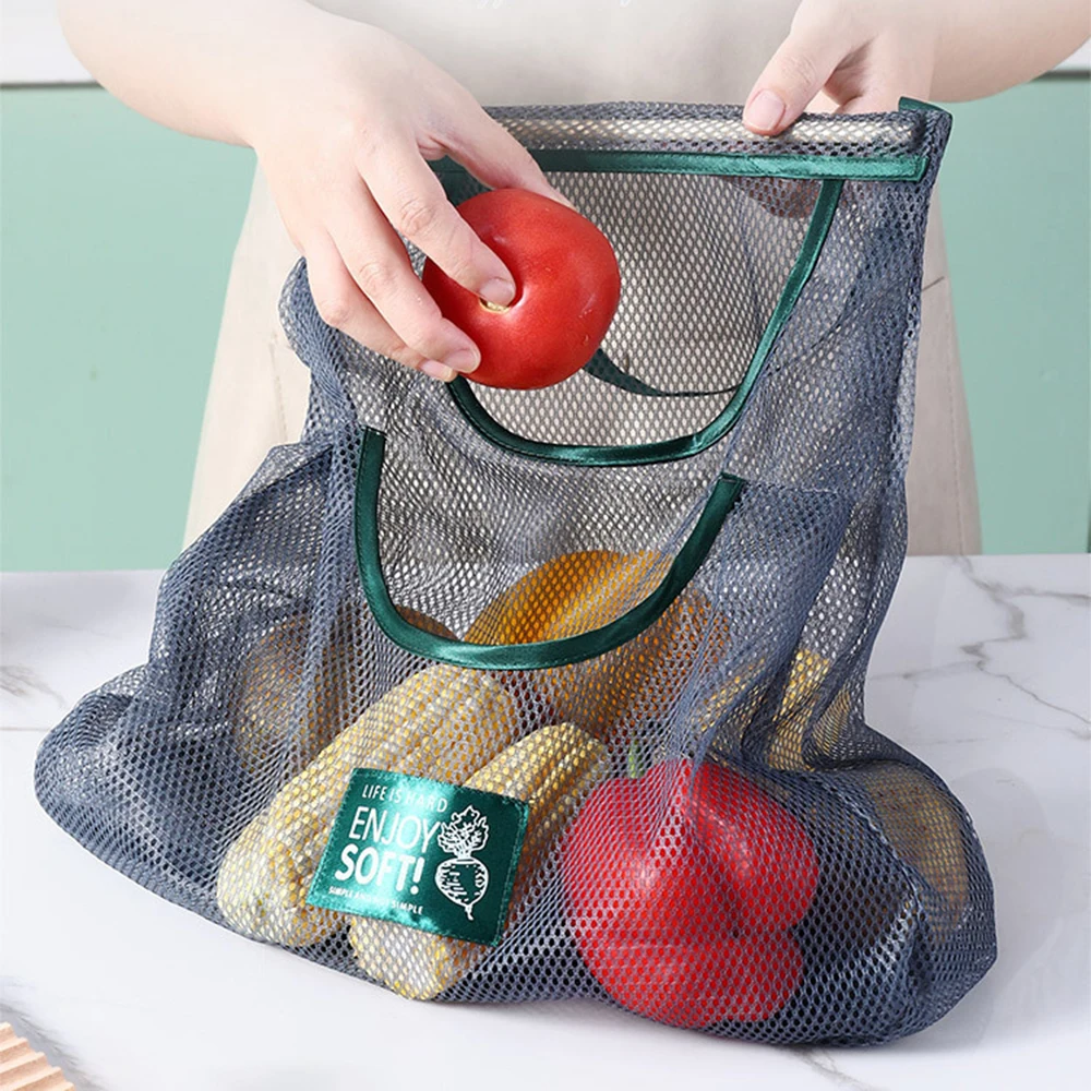 Reusable Storage Bags Kitchen Hanging Mesh Bag Home Fruit And Vegetable Storage Net Bag For Ginger Garlic Potatoes Onions hooks