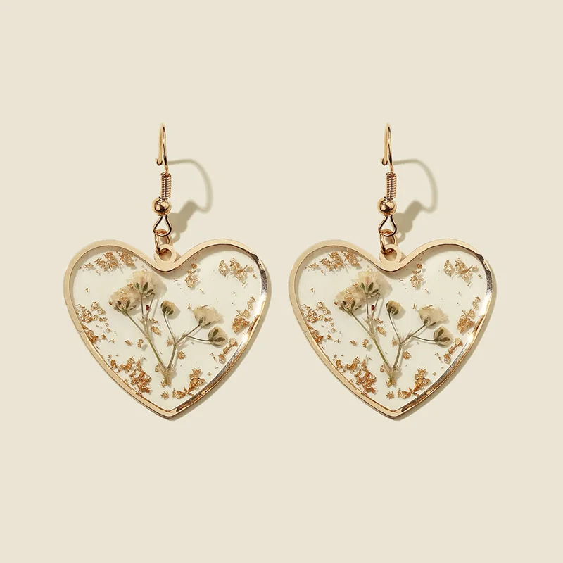 Trendy Heart Earrings for Women Blue Dried Flower Transparent Resin Drop Earring Girls Aesthetic Jewelry Female Anniversary Gift