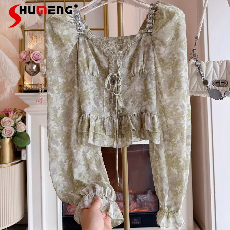 

Feminine Sexy Floral Chiffon Blouse Women 2026 Spring New Rhinestone Decoration Lace-up Tops Stylish Long Sleeve Elegant Shirts