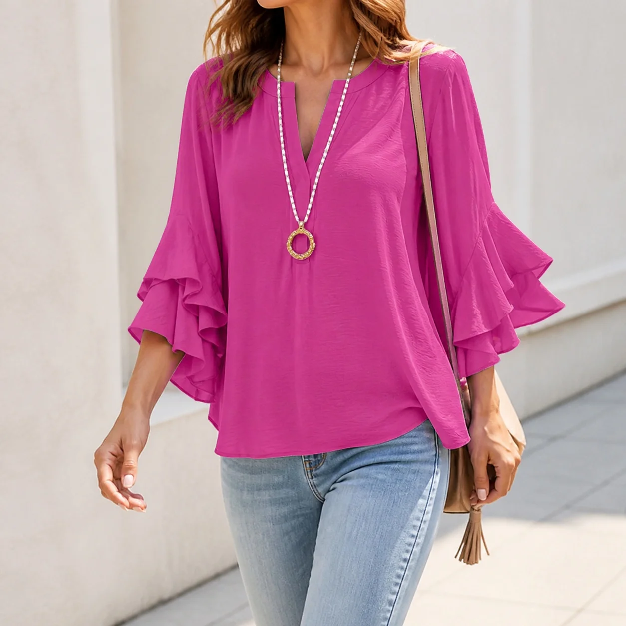 Casual V Neck Loose Fit Elegant Blouse with Three Quarter Sleeve Ruffle Trim Pull on No Stretch Woven Summer Blouse for Women
