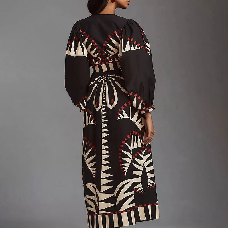 Vestido largo con estampado de patrón de moda de verano, vestido bohemio elegante con escote en V profundo para mujer, vestido informal de fiesta con manga acampanada