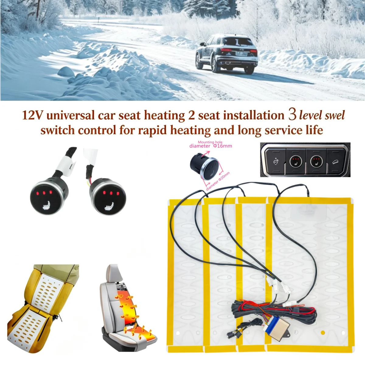 

universal 12V car seat heater 3 level square control switch heating pad 2 seat installation Cold Winter Luxury Warm Driving