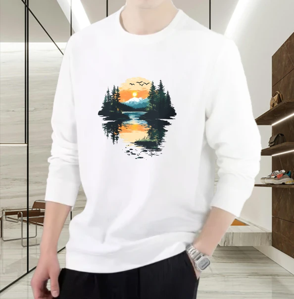 

Футболка для мужчин, осенняя уличная одежда, готическая футболка с длинными рукавами и графическим рисунком на Хэллоуин, футболка с принтом «Закатное озеро», рождественская футболка с принтом для пары