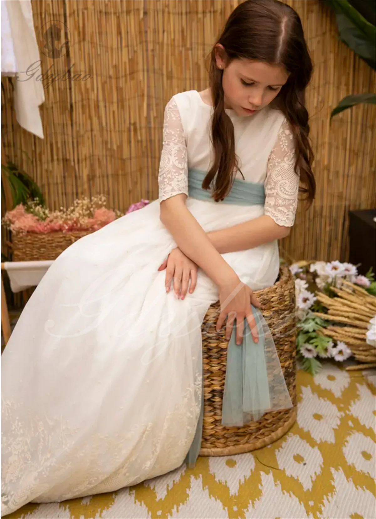 Lace Flower Girl Dresses Wedding Floral Lace Tulle Floor Length Maxi Kids Bridesmaid Even Ball Gowns White