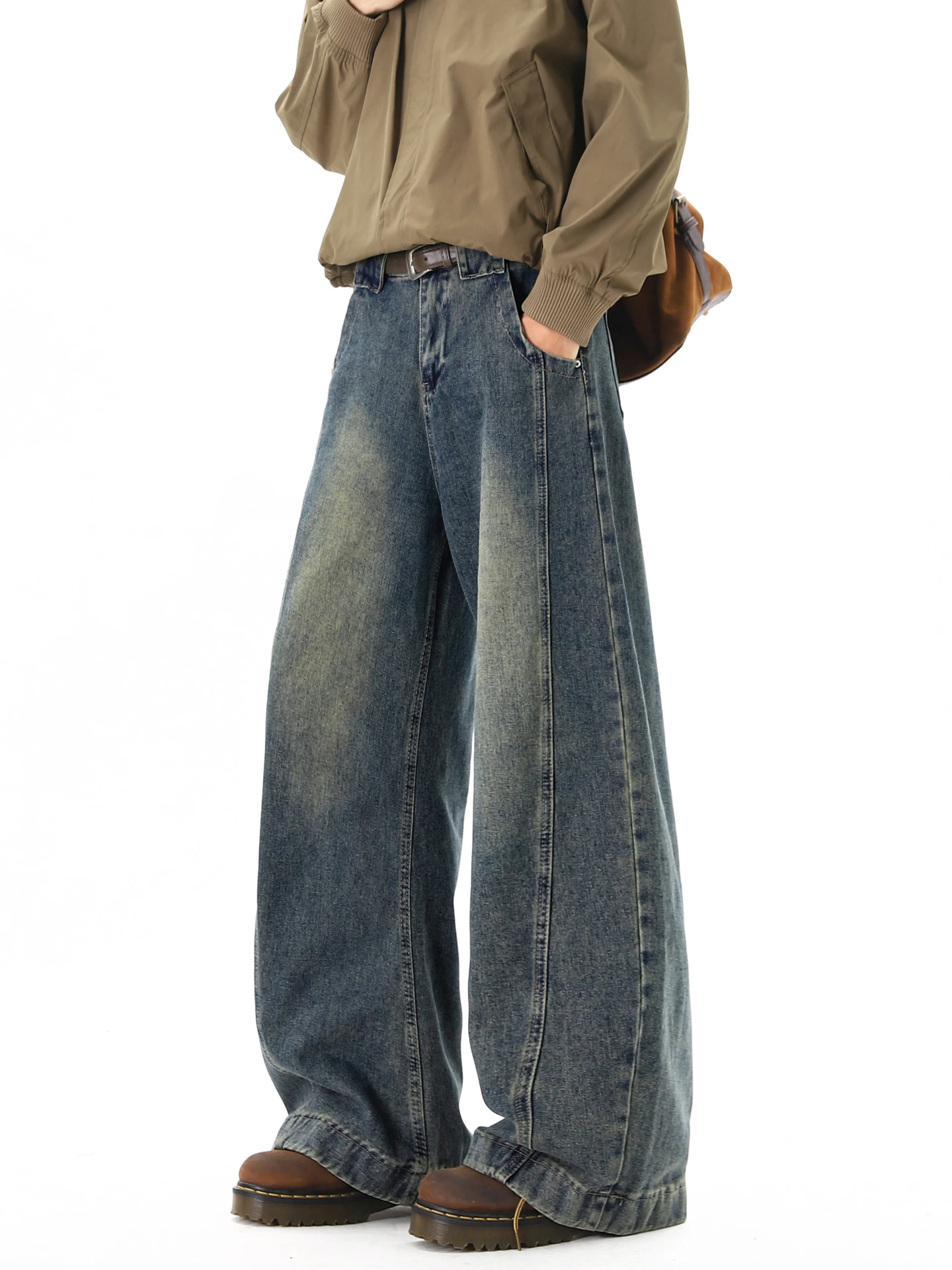 

Мужские винтажные джинсы Wukong: модные, в стиле де-конструкт, с пэчворком, прямые, свободные, широкие штанины, повседневная одежда