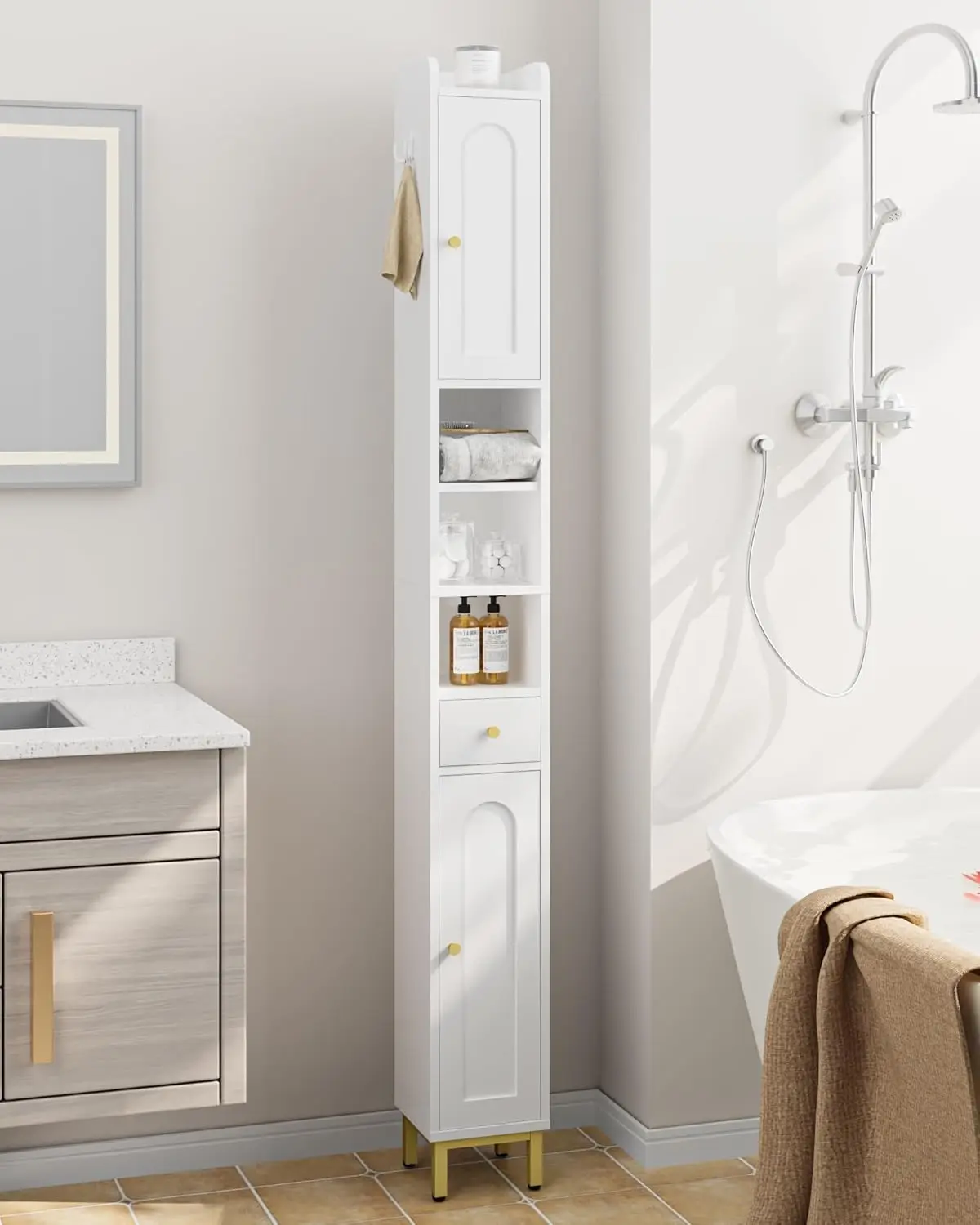 

Freestanding Tall Bathroom Cabinet with Adjustable Shelves, Narrow Storage for Toilet Paper & Towels, White