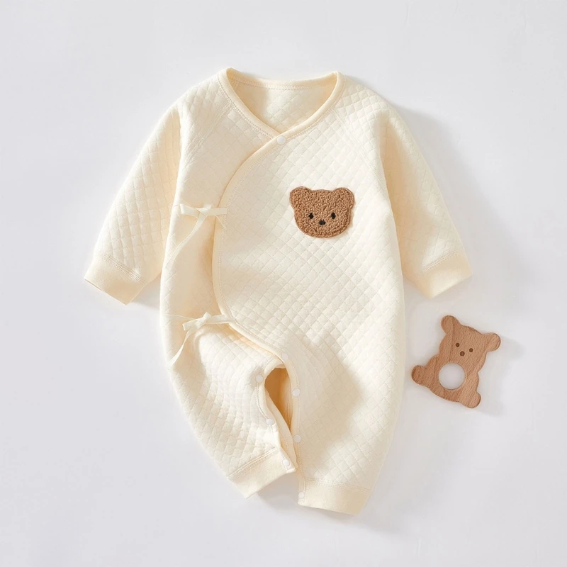 

New Cartoon Bear Print Baby Long Sleeve Romper Autumn Winter Warm Cotton Baby Boys Girls Lace-up Jumpsuit Casual Clothes