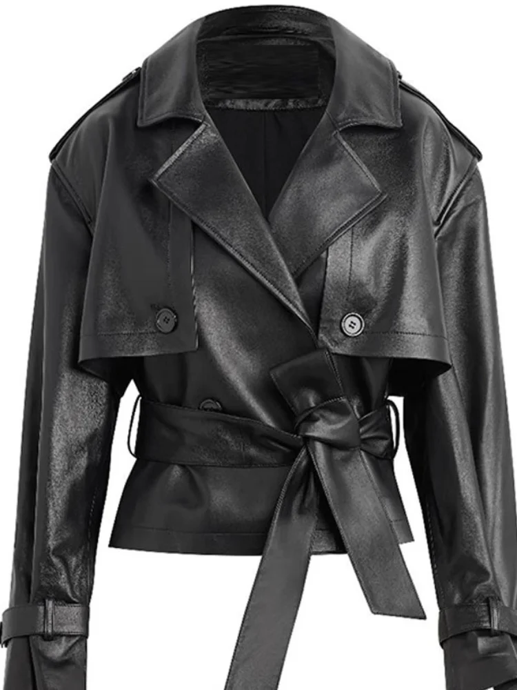 

Черная шикарная кожаная куртка с лацканами, женская повседневная свободная короткая куртка с длинным рукавом и v-образным вырезом, 2025 г., женская повседневная верхняя одежда для поездок на работу, новинка