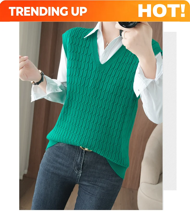 Customization Women Sweater Vest 2026 New Fashion Korean Knitted Vest Solid V-neck Autumn Winter Casual Warm Soft Undershirt Loo