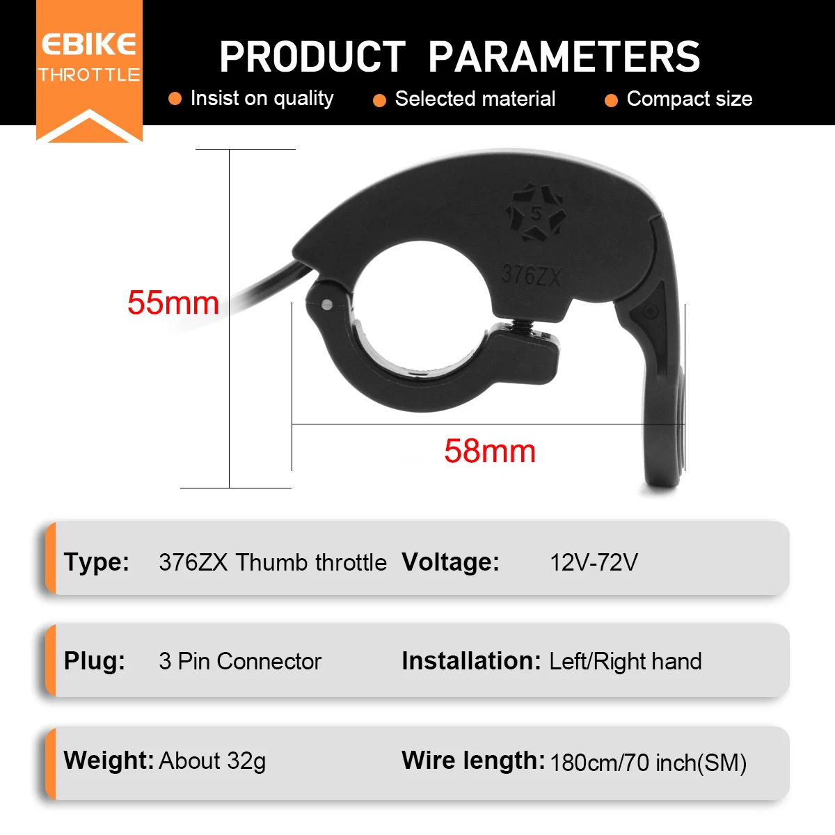 NEW WUXING 376ZX Ebike Thumb Throttle Right/Left Hand Plastic Finger Throttle for 24V 36V 48V 72V Electric Bicycle Accelerator