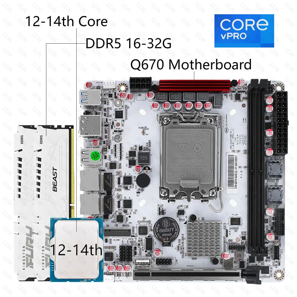

Комплект материнской платы Q670 ITX NAS с 12–14-й сердечником DDR5 16–32G, поддержка M.2 NVME SFF-8643, технология VPro, комплект с низким энергопотреблением