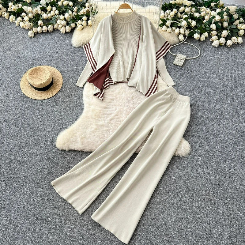 

Women Knit Pant Sets Turtleneck Cape Sweater Casual Full Sleeve Top High Waist Two Piece Set Wide Leg Pants Autumn 2025